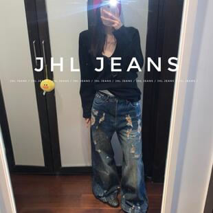 JHL JEANS【时髦指南针】 做旧盐洗脏脏小破洞手工艺牛仔直筒裤