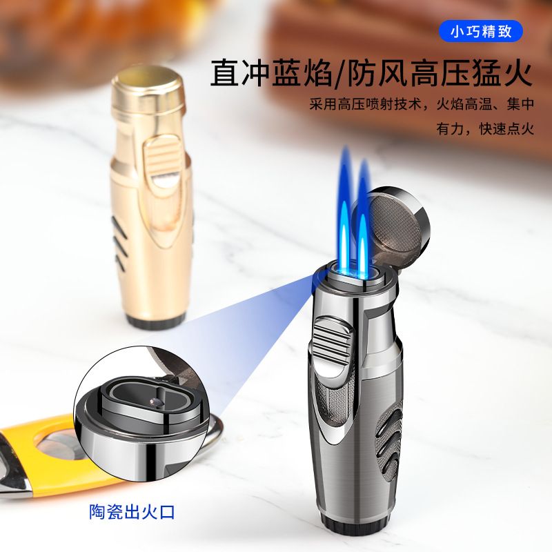 新款个性高档金属双直冲防风充气打火机创意小喷枪外贸雪茄点烟器