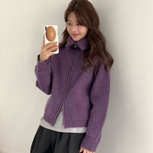 现韩国东大门代购女egg2025冬季时尚简约韩系翻领双拉链针织毛衣