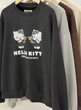 现韩国东大门代购PEPPER2025冬季新款百搭卡通猫咪印花加绒卫衣女