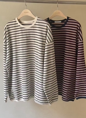 现韩国东大门代购self service2025秋季休闲撞色圆领条纹长袖T恤
