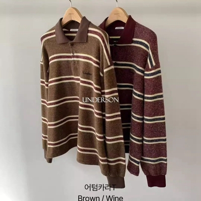 韩国代购复古休闲翻领条纹针织衫