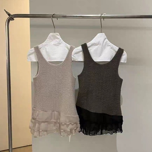 现韩国东大门代购 背心 Lysm2025冬洋气叠穿荷叶边拼接圆领绒绒无袖