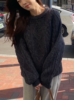 现韩国东大门代购erume2025秋冬简约休闲圆领菱格麻花纹针织毛衣
