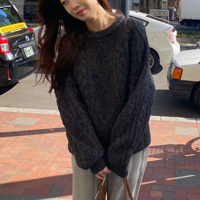 韩国代购套头圆领菱格休闲毛衣