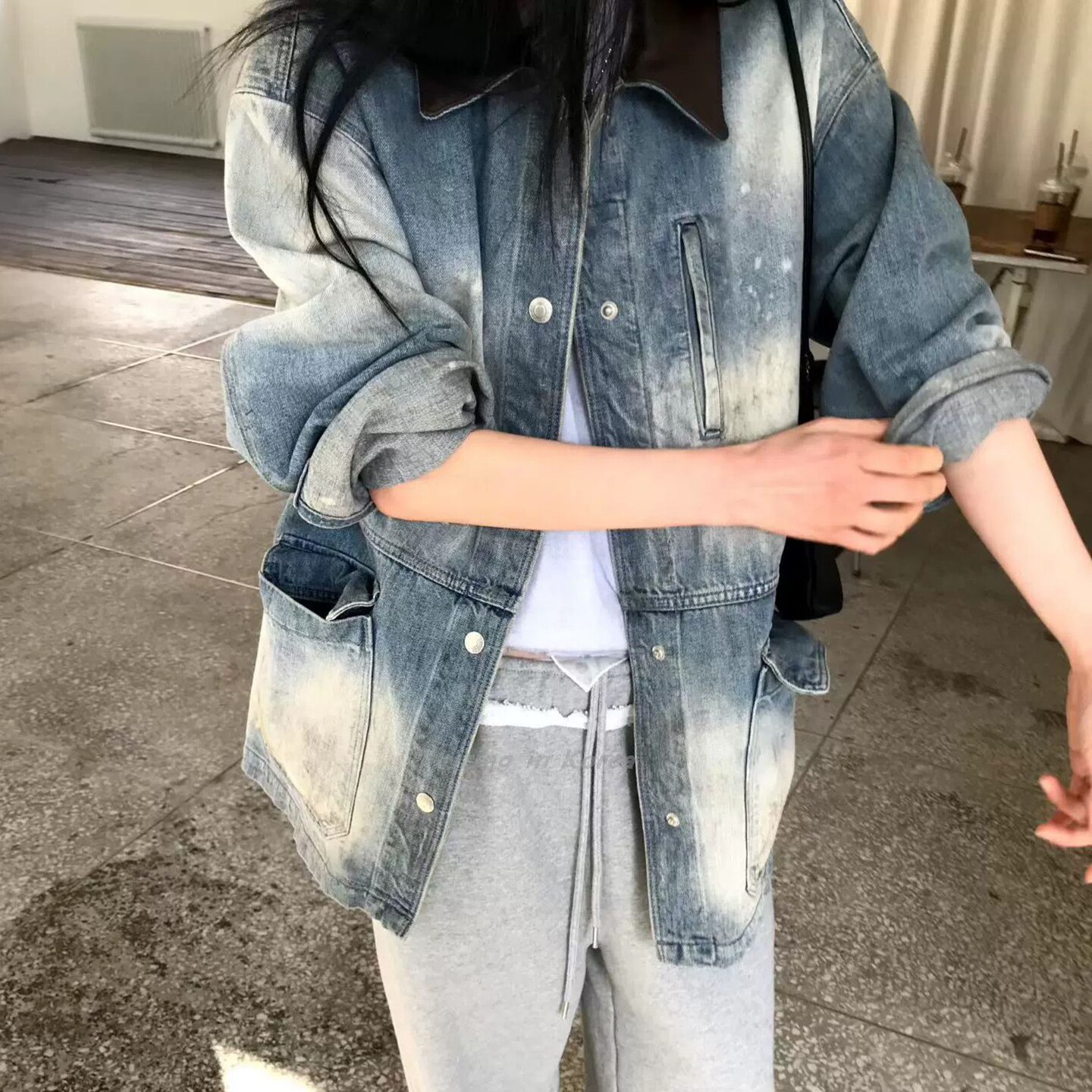 韩国代购洋气复古做旧牛仔外套