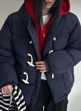 现韩国东大门代购女much more2025冬季纯色连帽牛角扣羽绒服外套