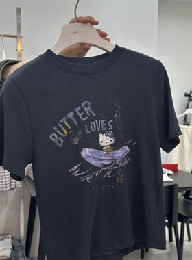 现韩国东大门代购VISUAL SPACE2025新款百搭卡通字母做旧短袖T恤