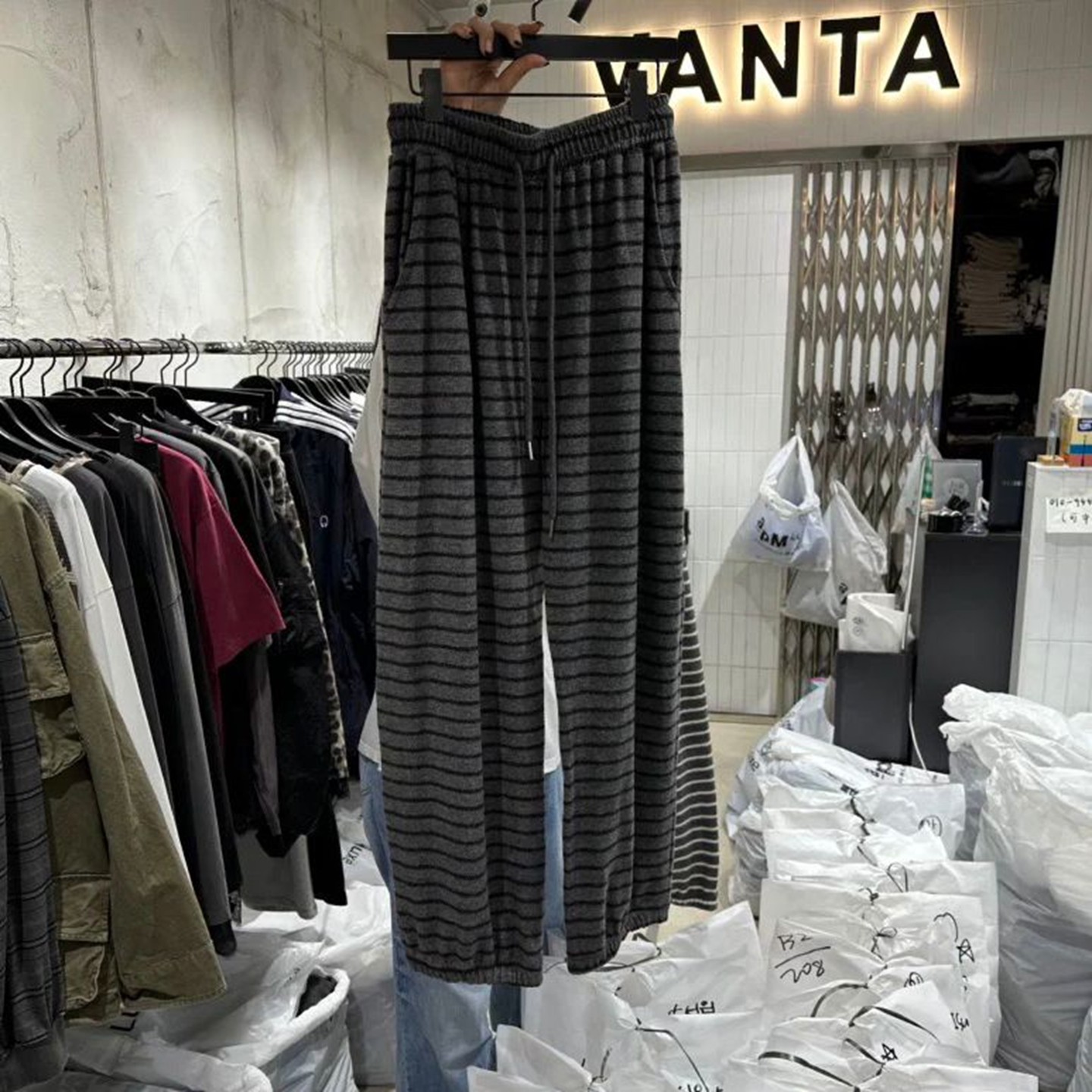 松紧腰抽绳韩国代购条纹休闲裤