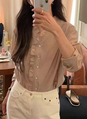 现韩国东大门代购OBJET2025秋季气质简约甜美木耳边V领长袖衬衫女