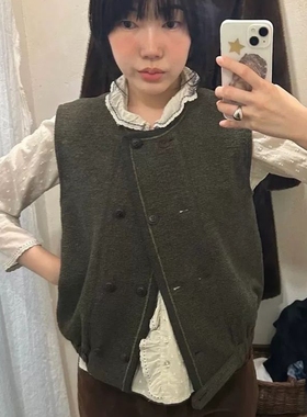 现韩国东大门代购viaplain2025冬季休闲宽松双排扣灯芯绒背心马甲