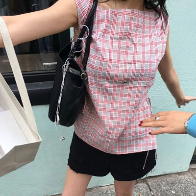 抽绳韩国代购洋气格纹无袖上衣