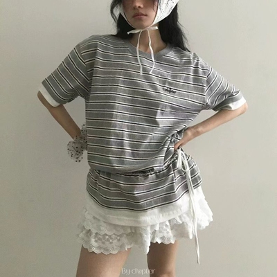 短袖韩国代购抽绳拼接条纹T恤