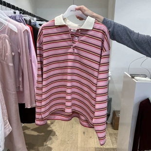 休闲百搭翻领半系扣条纹长袖 T恤 女awear2026春季 现韩国东大门代购