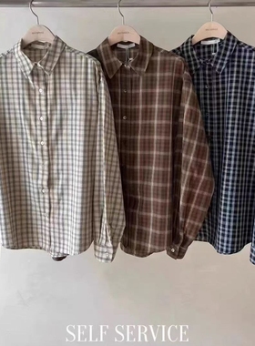 现韩国东大门代购self service2025秋季复古休闲格纹翻领长袖衬衫