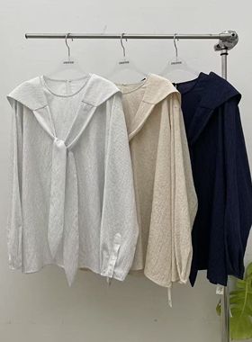 现韩国东大门代购atmosphere2025早秋款时尚百搭圆领条纹长袖衬衫