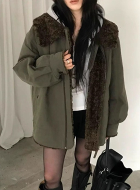 现韩国东大门代购NUESE2025冬季复古百搭立领内里毛绒夹克外套女