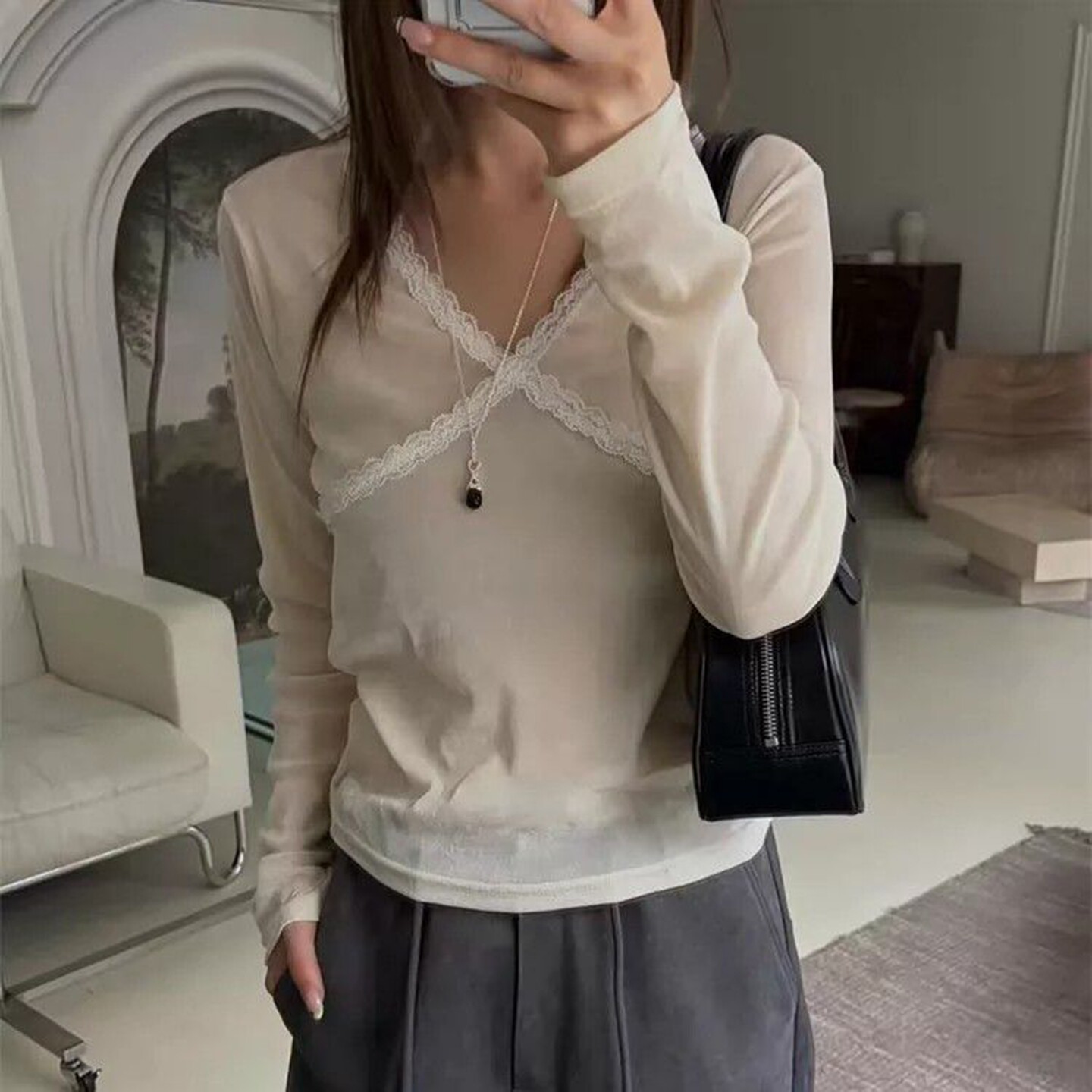 长袖洋气百搭韩国女装蕾丝边T恤