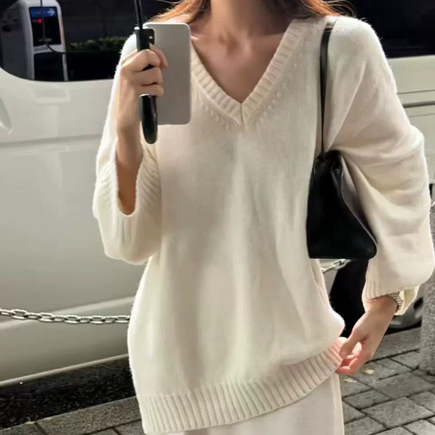 韩国代购V领套头休闲宽松针织衫