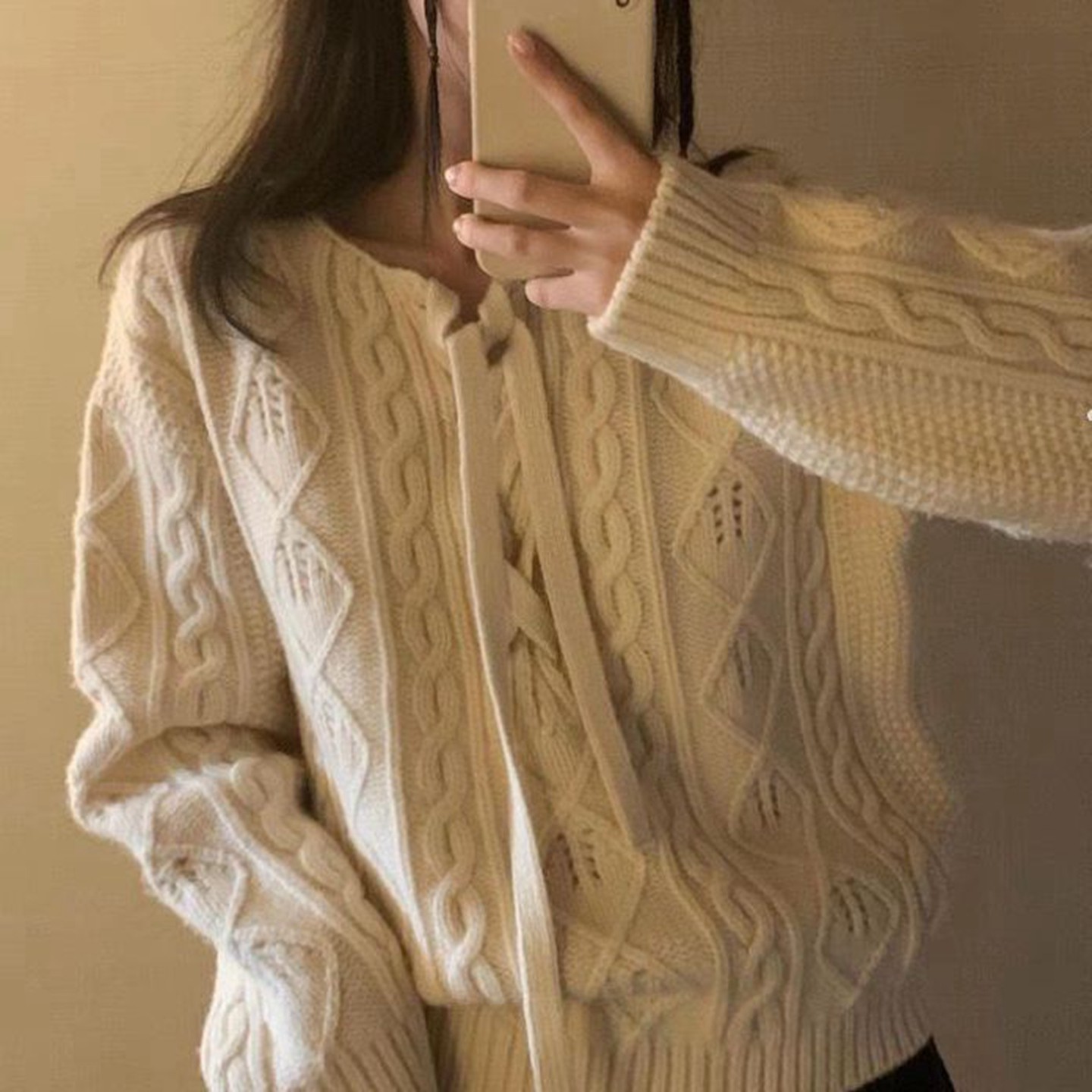 现韩国东大门代购HOWUS2025秋冬时尚休闲系带圆领麻花纹针织毛衣