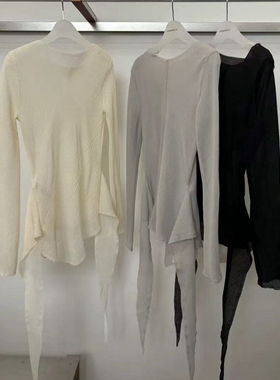 现韩国东大门代购Londonflat2025秋季款简约洋气圆领微透绑带上衣