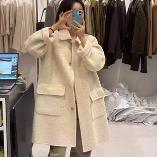 现韩国东大门代购wood sage2025秋冬气质简约单排扣双兜羊绒大衣