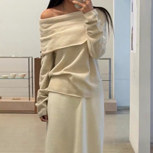 现韩国东大门代购女monoha2026早春洋气显瘦一字肩套头长袖针织衫