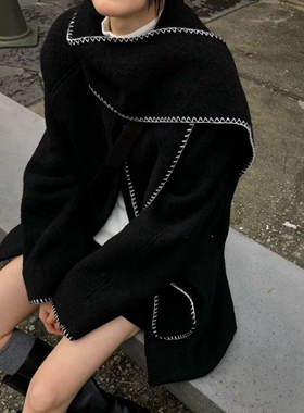 现韩国东大门代购atmosphere2025秋冬气质百搭毛呢大衣外套含围脖