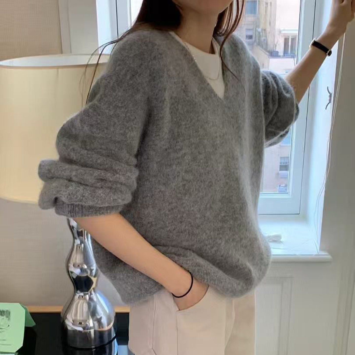 韩国代购套头V领纯色针织衫毛衣