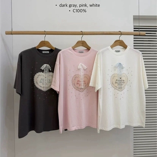 现韩国东大门代购BY CHAPTER2025夏款百搭蕾丝蝴蝶结字母印花T恤