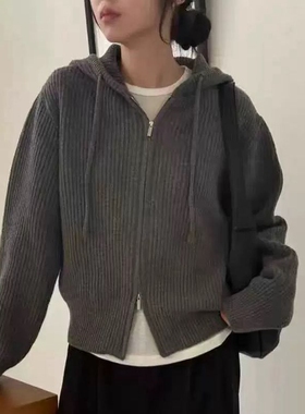 现韩国东大门代购jinsim2025冬季简约百搭连帽双拉链休闲针织开衫