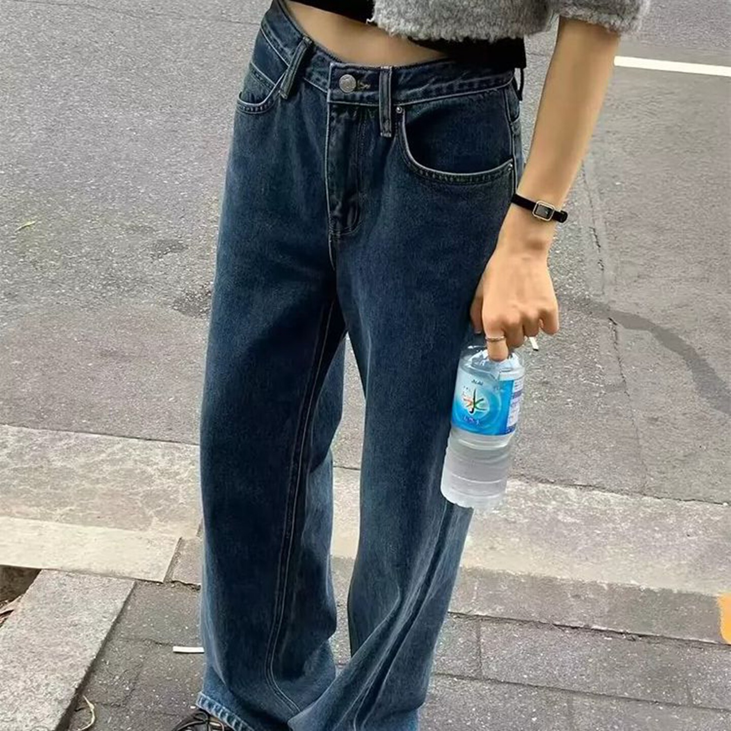 高腰时尚韩国女装水洗直筒牛仔裤