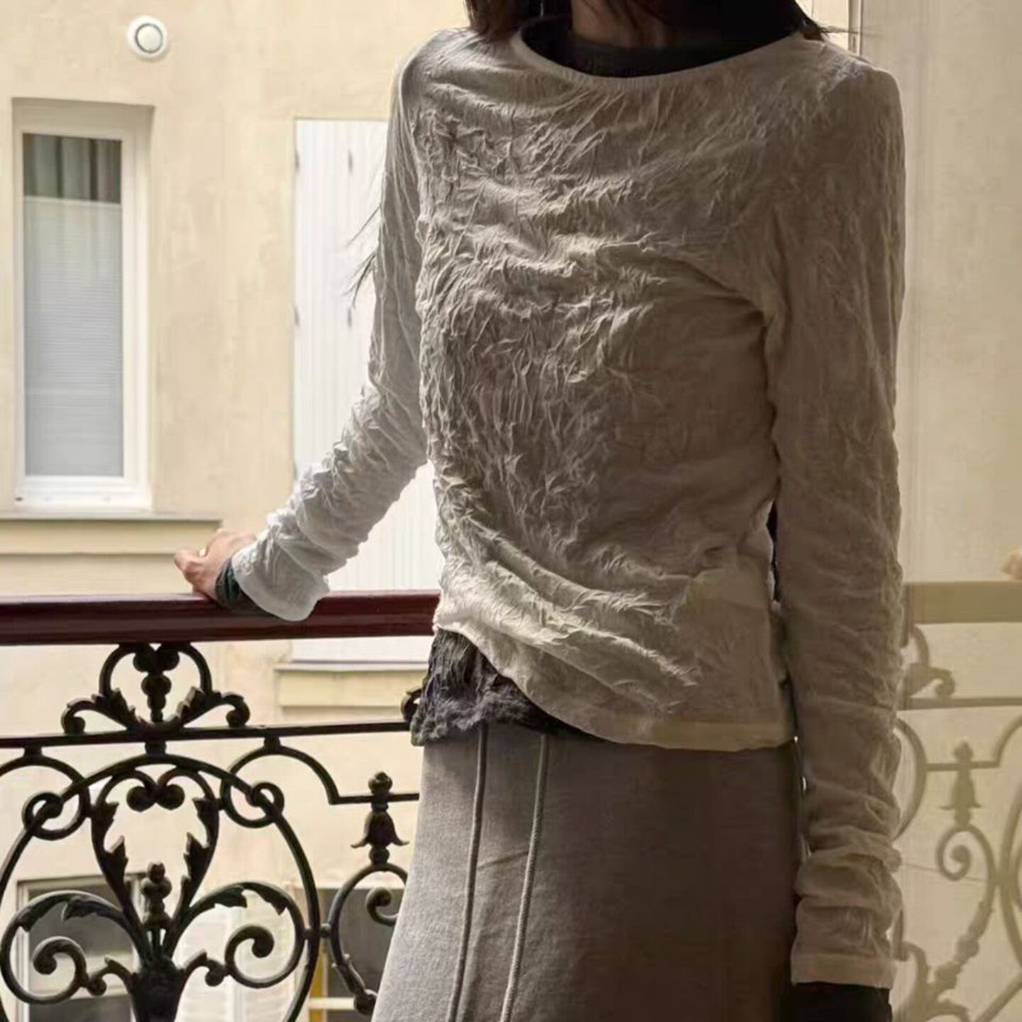 长袖洋气韩国女装褶皱圆领T恤女