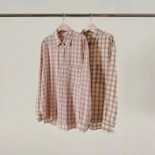 现韩国东大门代购女ounce2026春季时尚洋气格子翻领系扣长袖衬衫