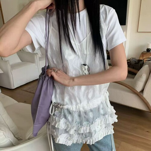 抽绳韩国代购木耳边小花吊带上衣