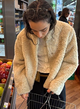 现韩国东大门代购女atmosphere2025冬季气质百搭立领毛毛短款外套