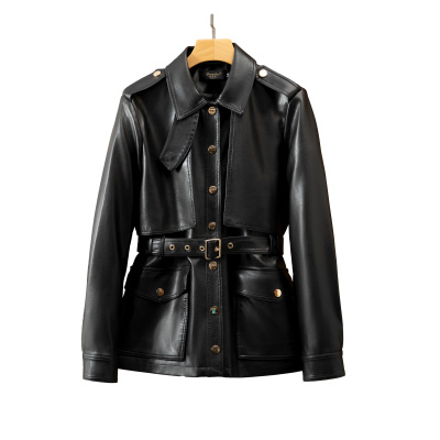 宋佳同款海宁皮衣女2026春季新款收腰系带宽松绵羊皮皮夹克外套