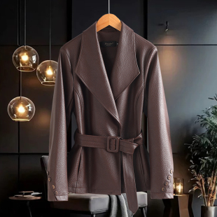 系带百搭皮衣外套女 显瘦法式 566海宁皮衣女真皮短款 西服领修身