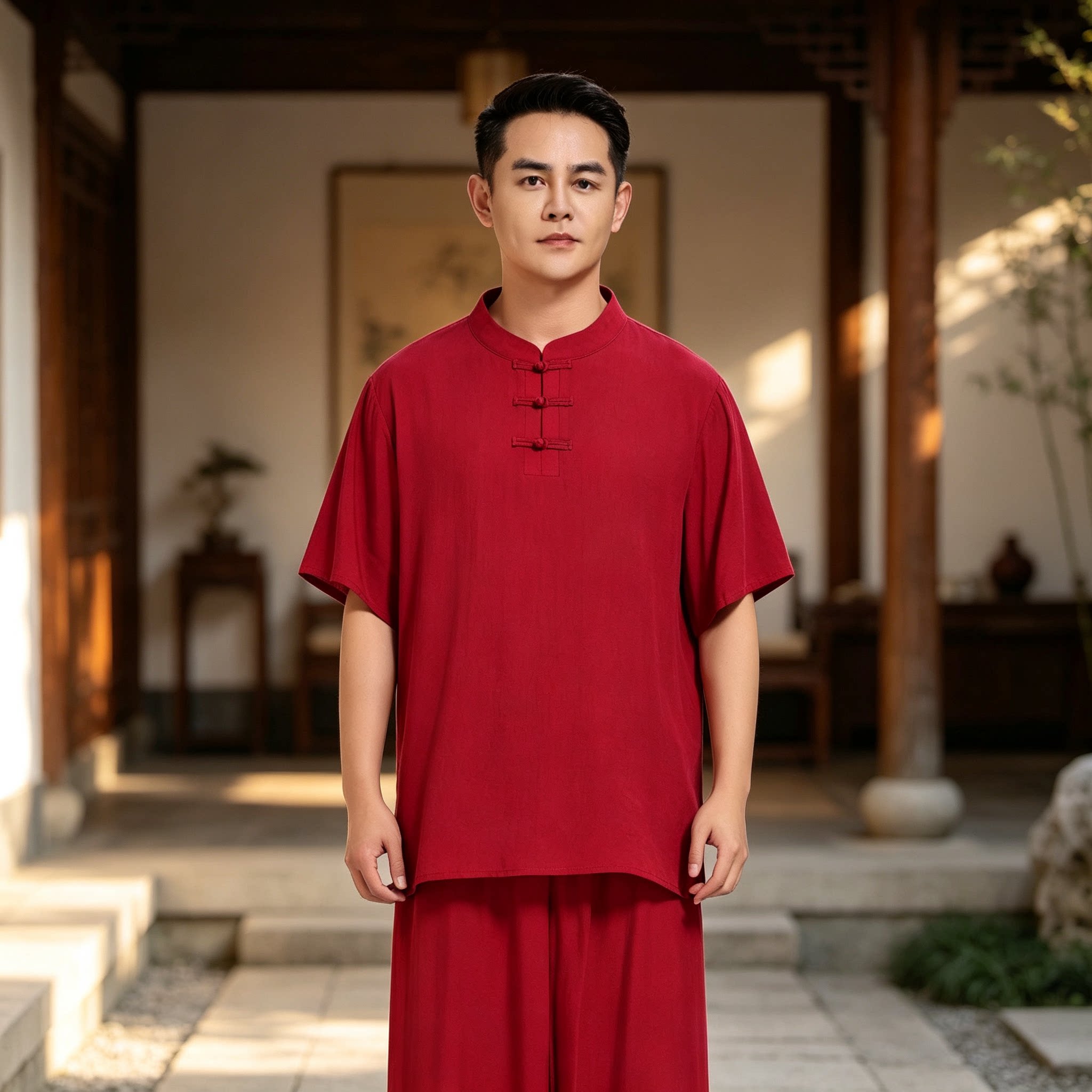 夏太极服女运动短袖T恤八段锦太极拳练功服男中式上衣纯棉绸武术