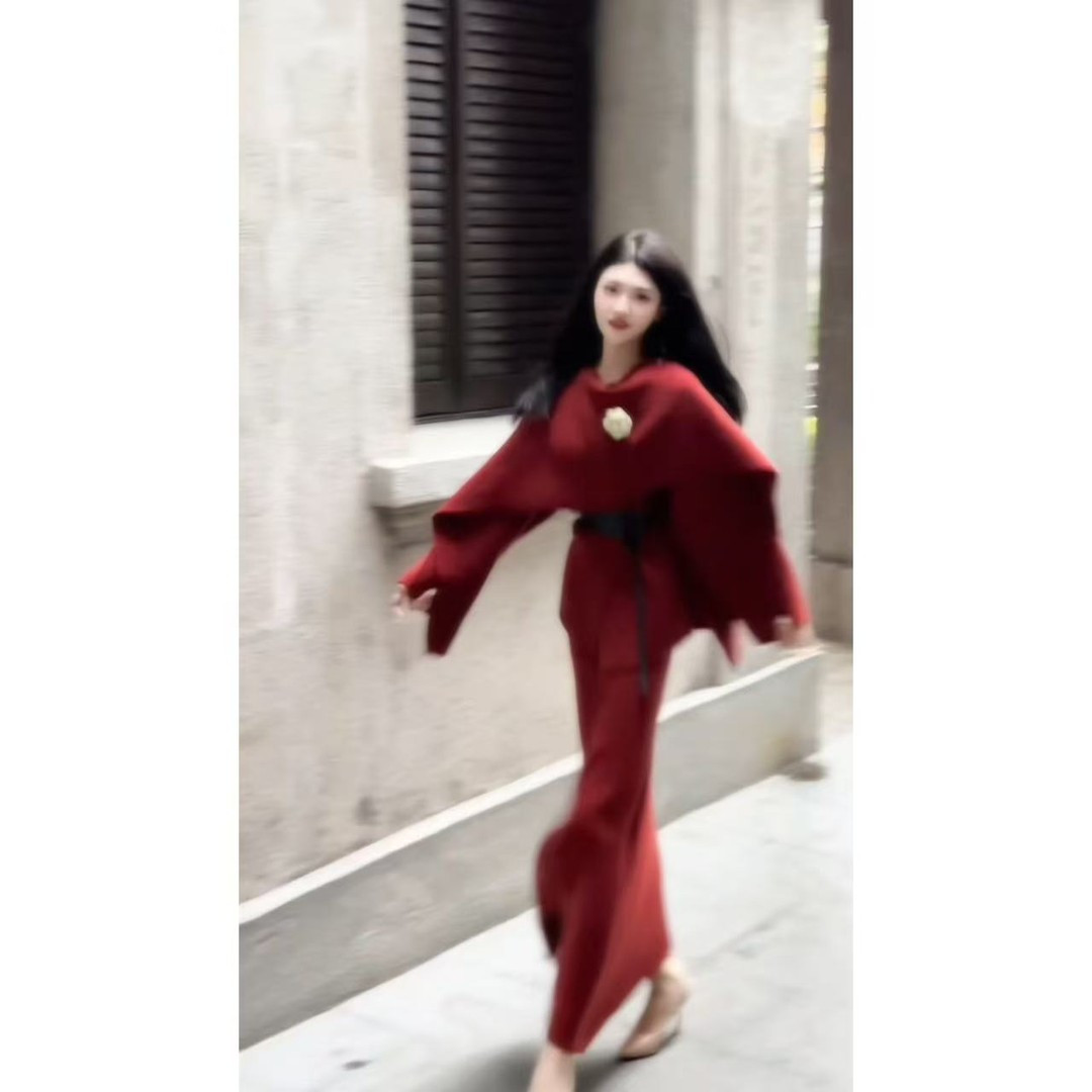 轻熟优雅风红色针织套装女秋季长时尚套装