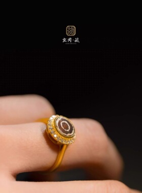 精致小众复古董古法镶钻玛瑙天眼珠戒指18K黄金镶嵌高级感饰品女
