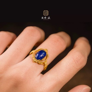 小众复古董老青金石圣甲虫戒指18K黄金镶嵌原创设计高级感饰品女