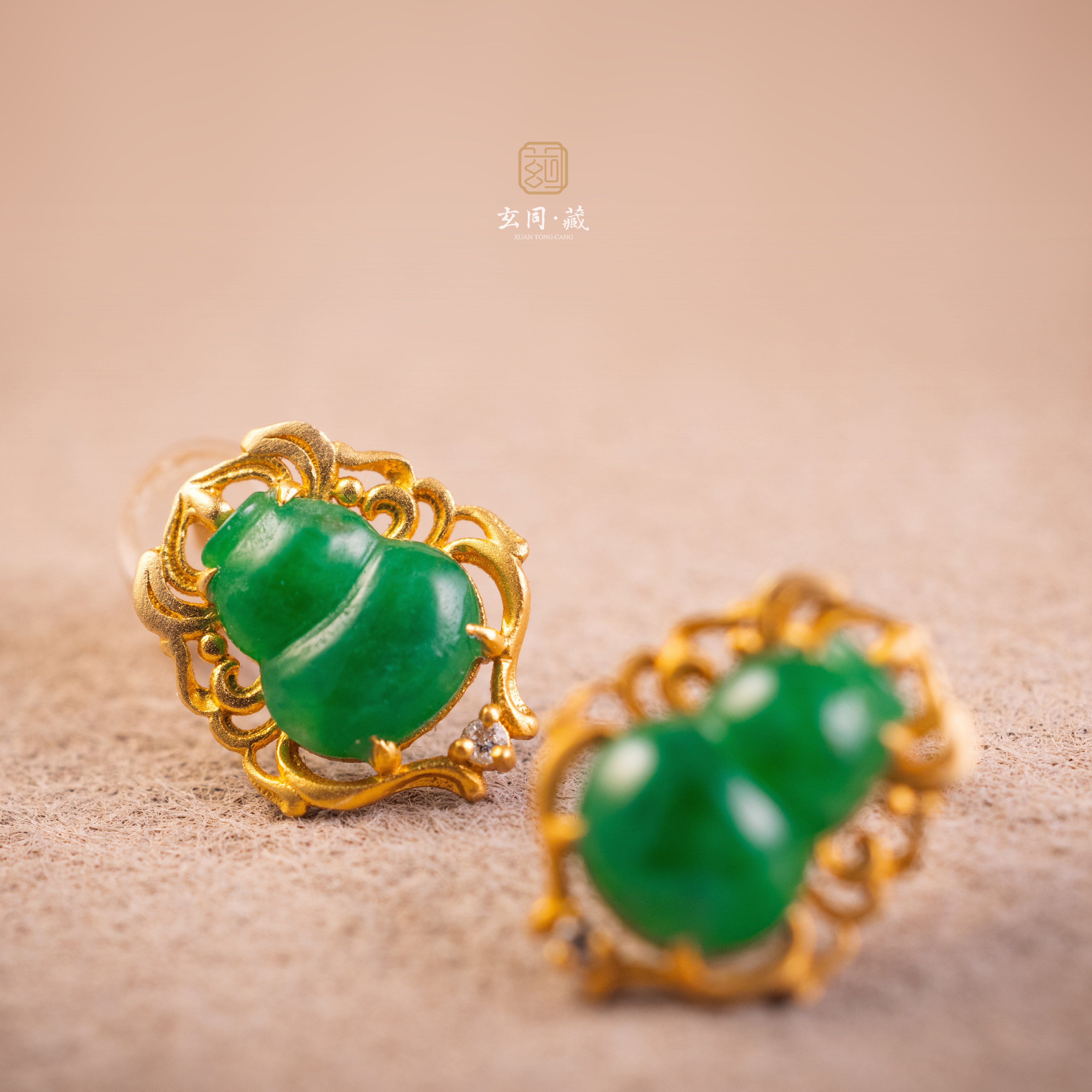 清代阳绿翡翠18K黄金镶嵌原创复古小众设计款葫芦耳坠耳环耳钉
