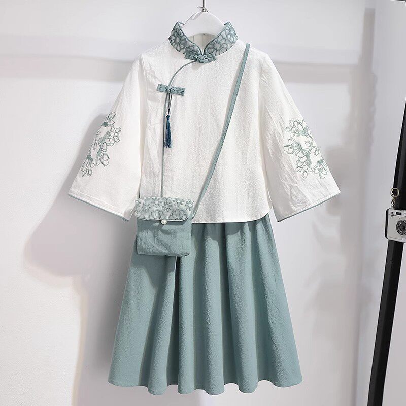 FADKARAN中国风女童服旗袍汉套装夏季小女孩长袖复古连衣裙两件套