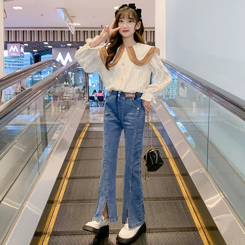 法国FADKARAN女童牛仔裤套装春秋新款儿童洋气喇叭裤衬衣两件套