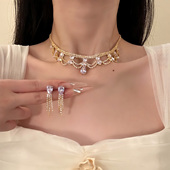 HEY TAO复古金色水滴锆石项链女款 颈链轻奢宴会晚礼服配饰锁骨链