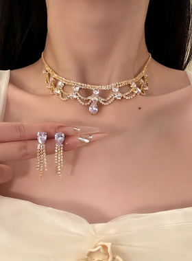 HEY TAO复古金色水滴锆石项链女款颈链轻奢宴会晚礼服配饰锁骨链