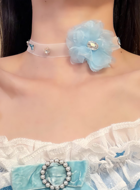 HEY TAO早春气质蓝色花朵项链度假风氛围感choker颈带锁骨链配饰