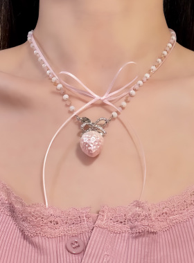 HEY TAO甜美粉色草莓蝴蝶结项链复古少女气质叠戴颈链锁骨链配饰
