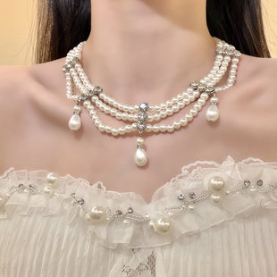 HEY TAO法式复古多层闪钻珍珠choker项链精致优雅高级感锁骨颈链